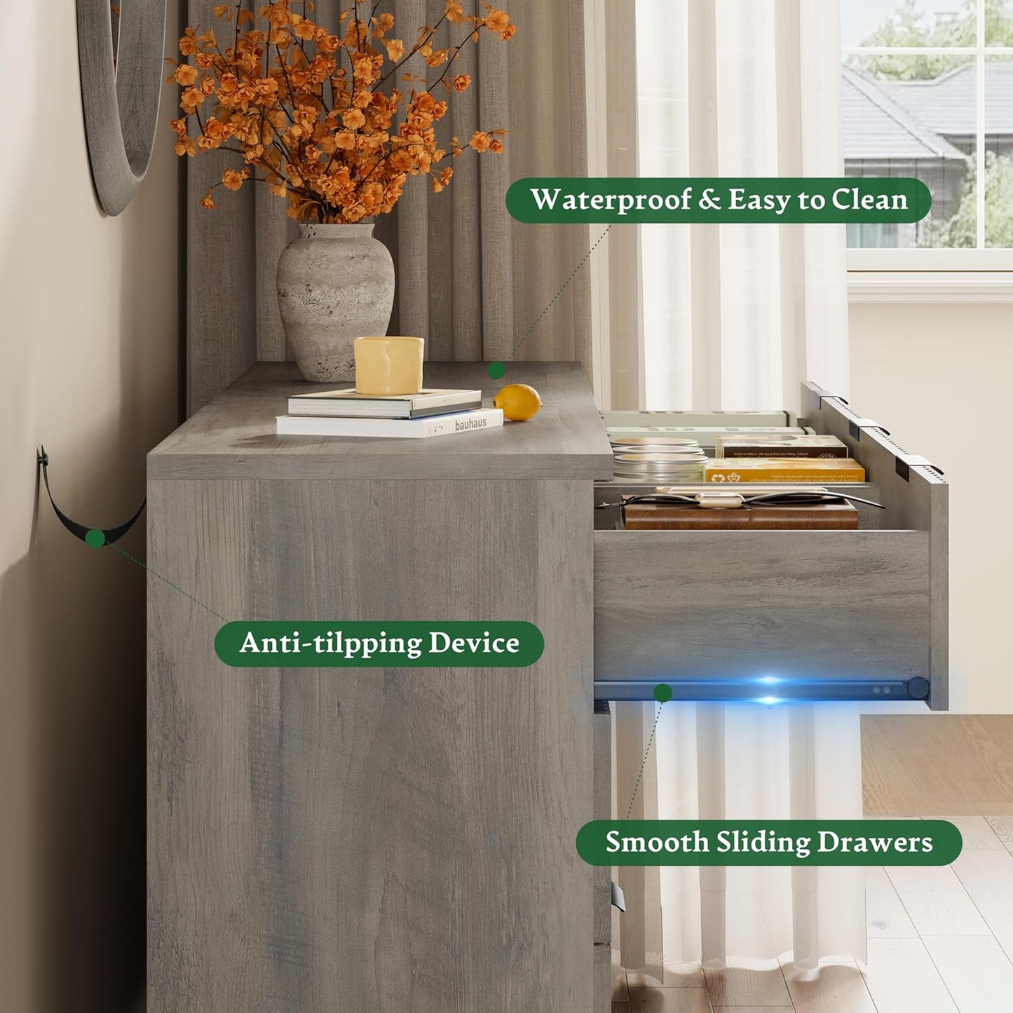 Fluted Dresser with 9 Drawers, 63" Wide Modern Chest of Drawers with Metal Handle, Wooden Dresser TV Stand, Wood Closet Clothes Storage Organizer for Bedroom, Living Room, Hallway, Light Grey