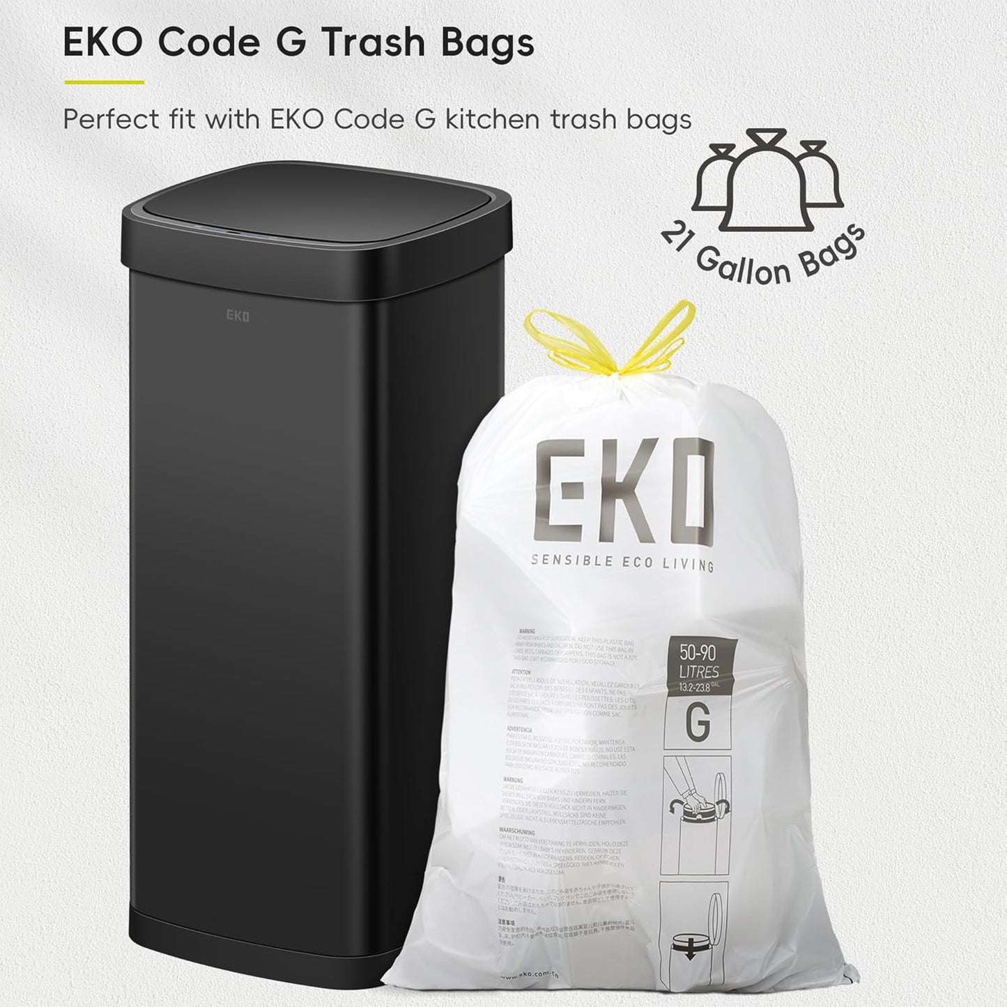 EKO EcoSmart 80L / 21.1 Gallon Motion Sensor Trash Can – Tall, Large Touchless Automatic Kitchen Garbage Bin with Soft-Close Lid for Home or Office, Brushed Stainless Steel, Matte Black
