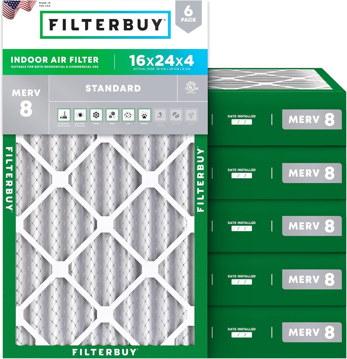 Filterbuy 16x24x4 Air Filter MERV 8 (MPR 700) Dust Defense Replacement (6-Pack), Electrostatic Pleated HVAC AC Furnace Filters, Made in USA (Actual Size: 15.38 x 23.38 x 3.63)