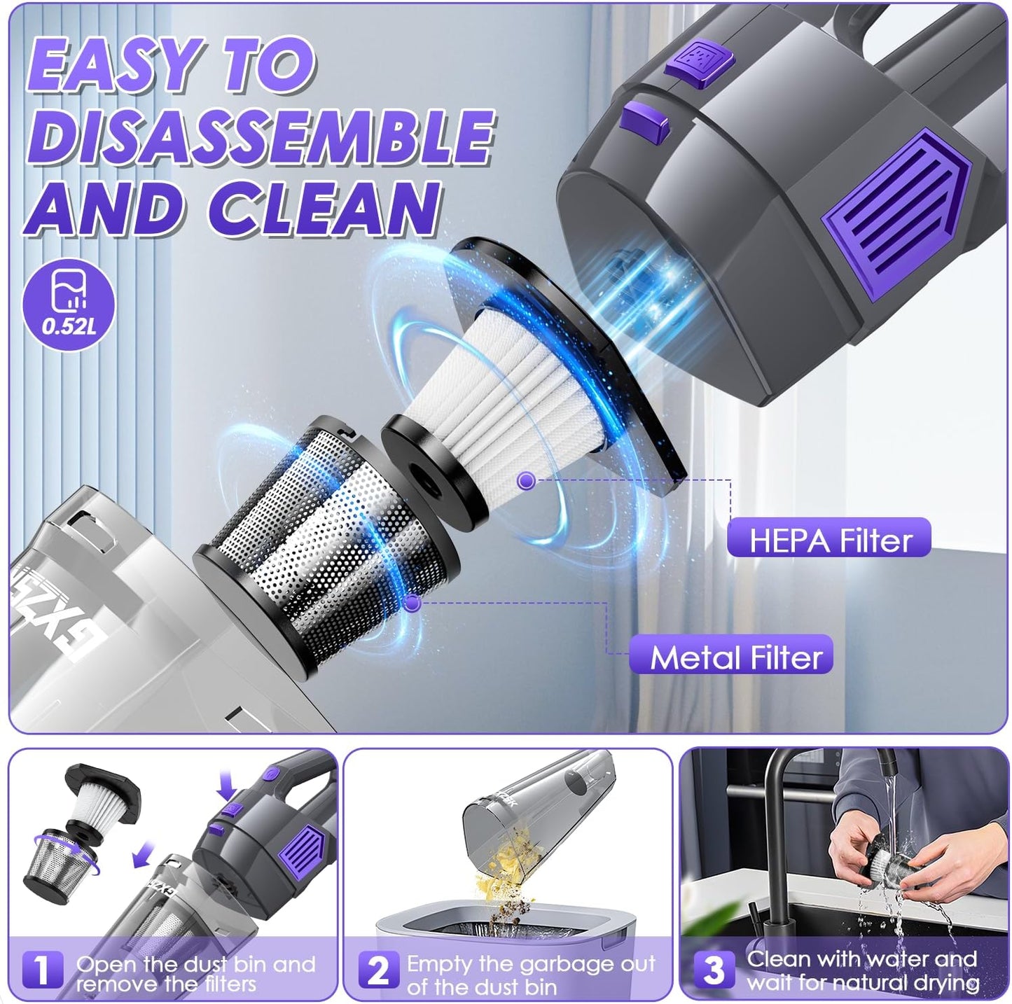 Handheld Vacuum Cordless, 15000PA Strong Suction Hand Held Car Vacuum Cleaner Rechargeable, Portable Hand Vacuum with Multi-Nozzles & Washable Filter for Home Office, Car, Pets