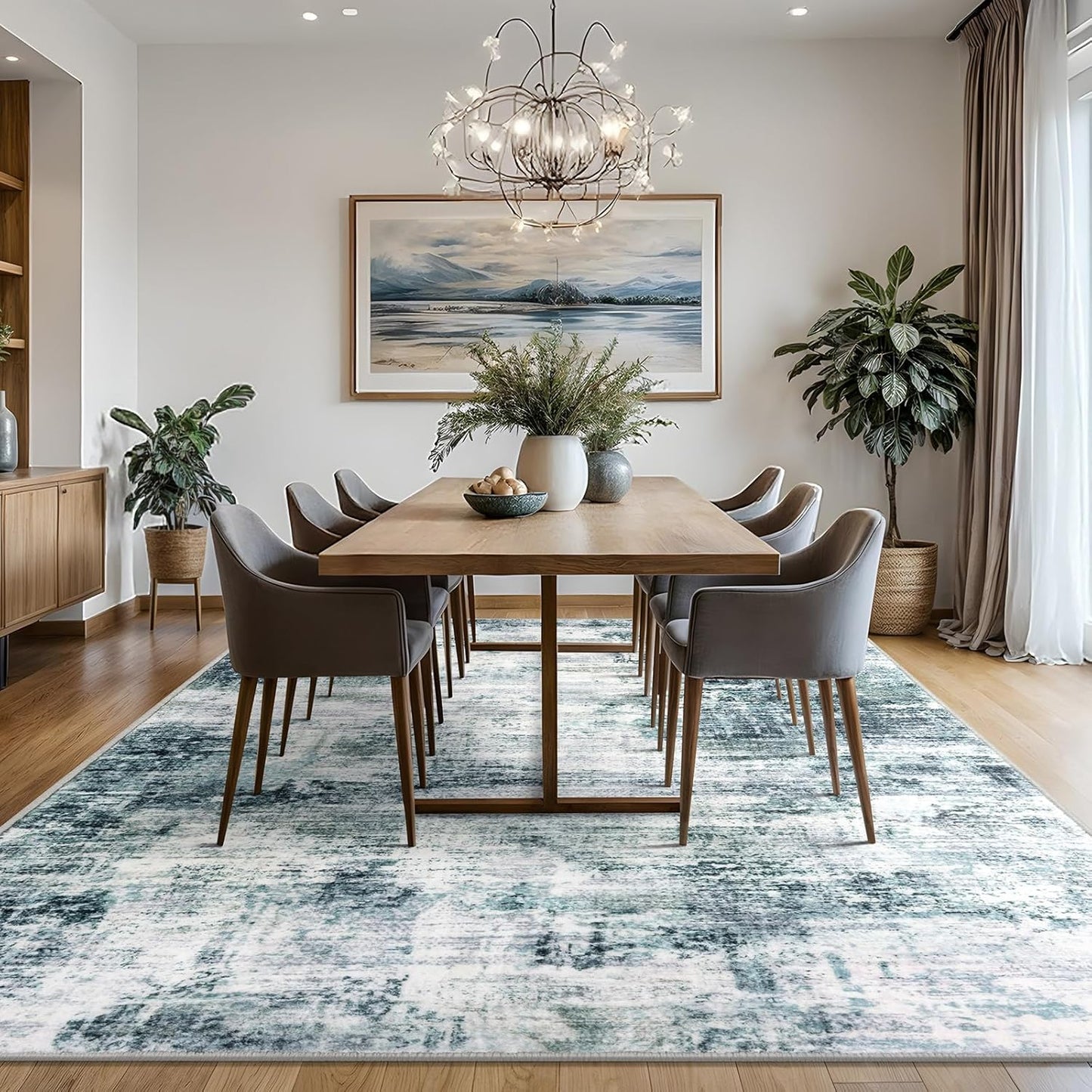 IOHOUZE Abstract Area Rugs 8x10 Ft Washable Large Rugs for Living Room, Non Slip Dining Room Rug, Printed Faux Wool Rug for Bedroom, Floor Carpet for Office Nursery Playroom, Sage Grey