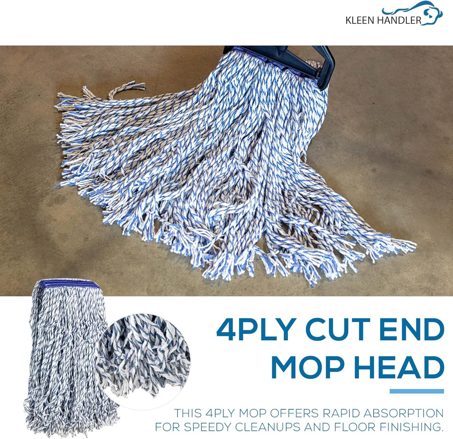 KLEEN HANDLER Cut End Finish Mop | 1.25" Universal Headband, Maximum Absorption Finishing Mop, Pack of 1