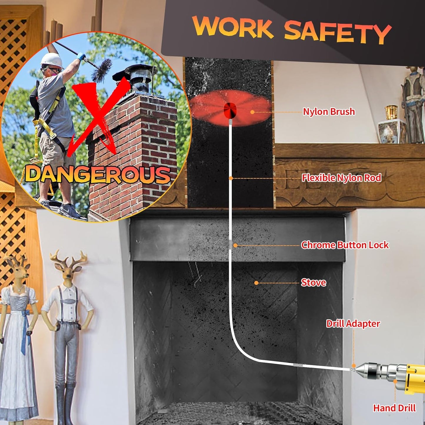 30 Feet Chimney Sweep Kit, Chimney Cleaning Kit with 9 Flexible White Chimney Rods, Chimney Brush for Sweeping Fireplace, Rotary Chimney Cleaning System Driven by Drill