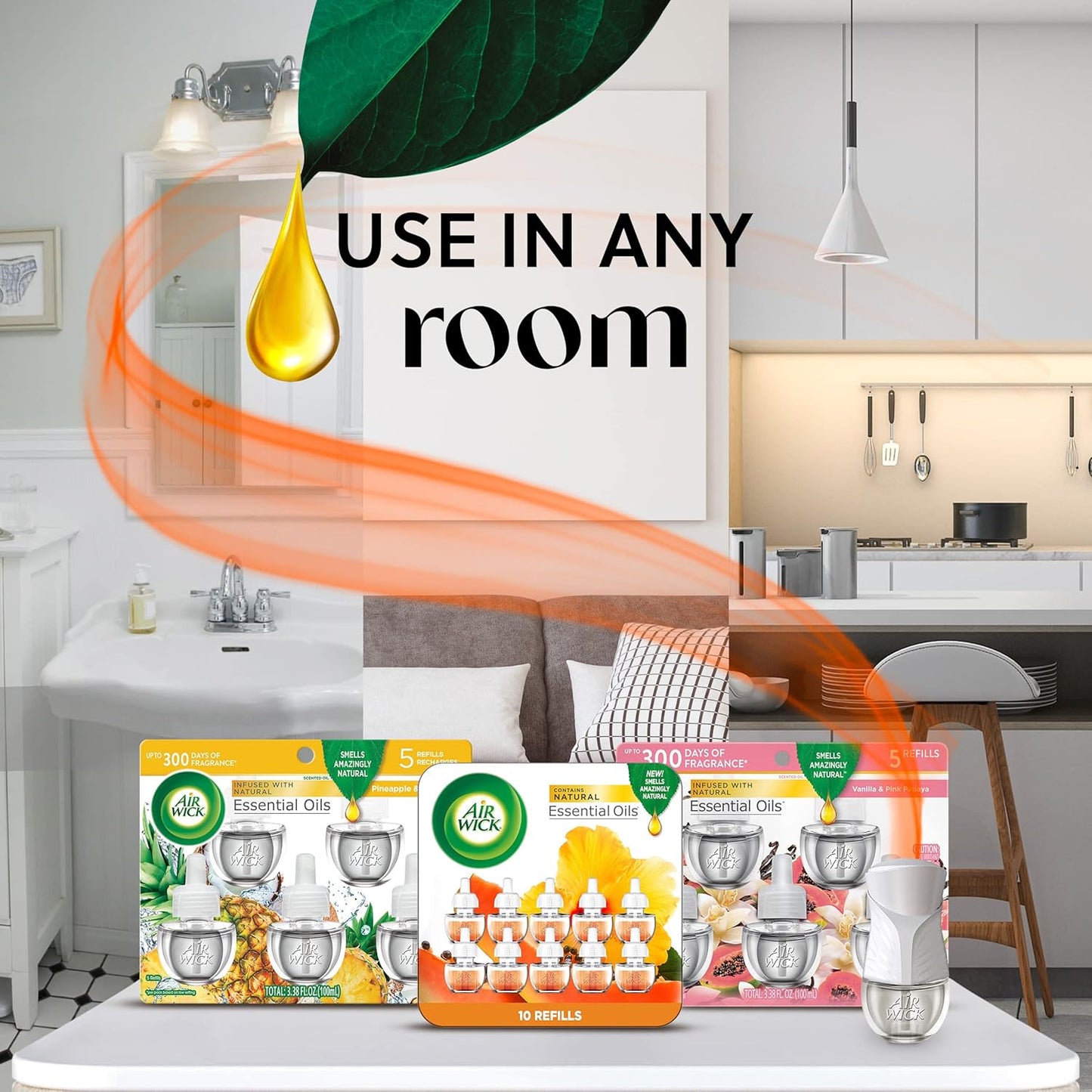 Air Wick Plug in Scented Oil Starter Kit, 2 Warmers + 6 Refills, Hawaii, Essential Oils