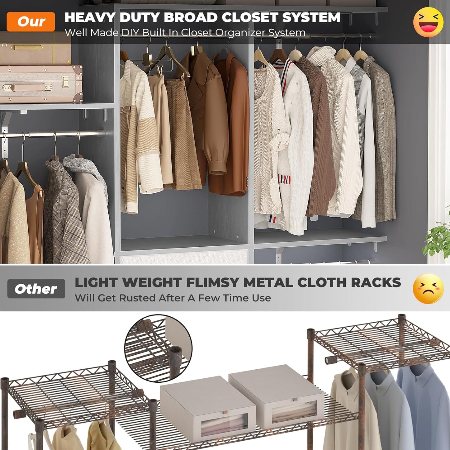 Armocity 5FT Small Closet System with 3 Fabric Drawers, 60 Inches Walk In Closet Organizer System With 3 Adjustable Shelves, Heavy Duty Clothes Rack Built-In Garment Rack, 59" L x 16" W x 71" H, Grey