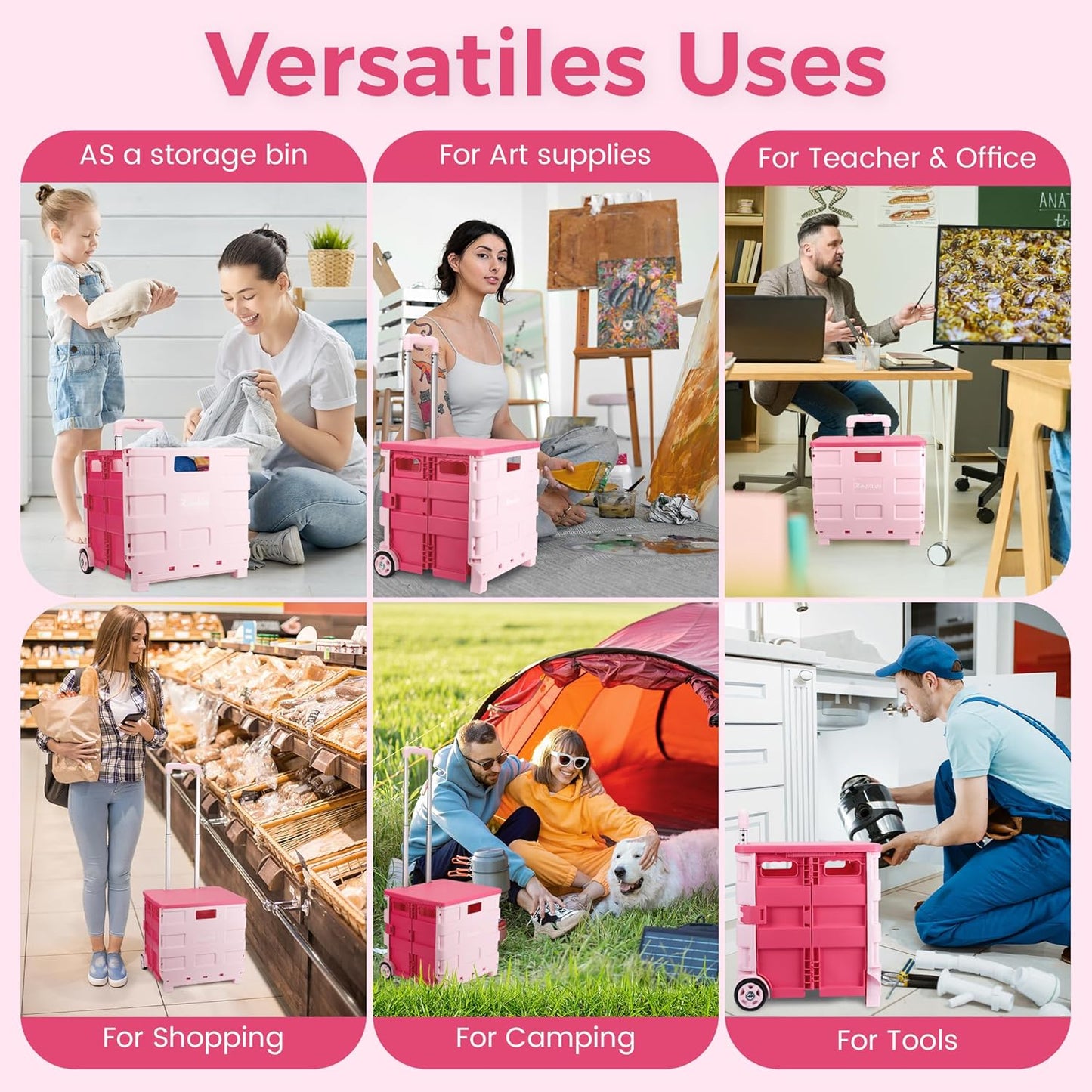 Foldable Rolling Cart on Noiseless Wheels: Portable Utility Cart for Grocery Books File Office (Pink)