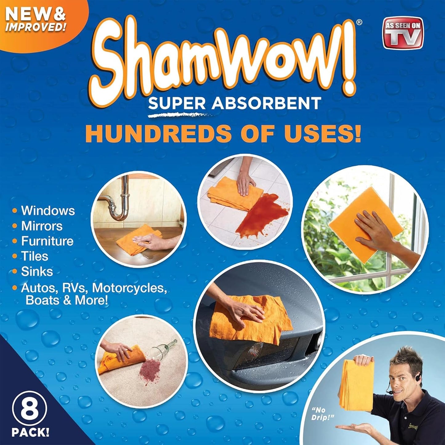 Original Shamwow - Super Absorbent Multi-Purpose Cleaning Shammy Chamois Towel Cloth - Holds 10X its Weight in Liquid - Machine Washable - Will Not Scratch (8 Pack, Orange)