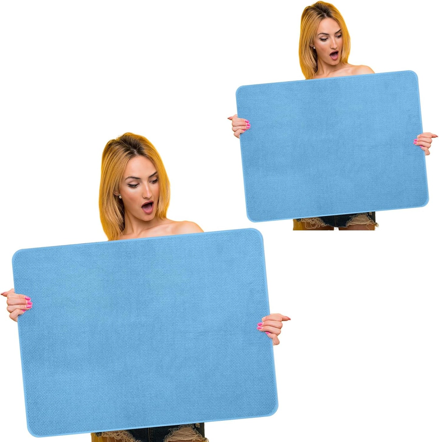 Hushee 2 Pack Extra Large Dish Drying Mat Microfiber Absorbent Dish Drying Pad Large Size Dishes Drainer Mats for Countertop, Sink, Refrigerator or Dryer (30 x 24 Inch,Blue)