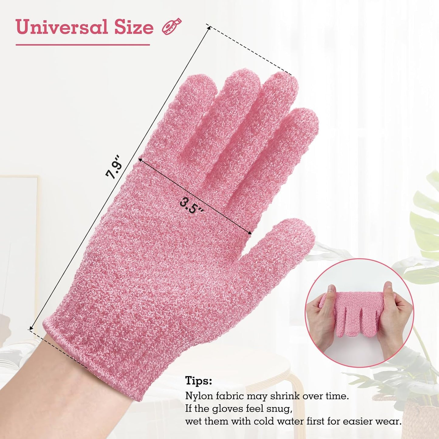 Evridwear Exfoliating Gloves for Shower, 100% Nylon Thick Soft Medium Heavy Bathing Gloves Dead Skin Remover Body Scrubber Smooth Skin with Hang Loop, 3 Pairs Moderate Pink
