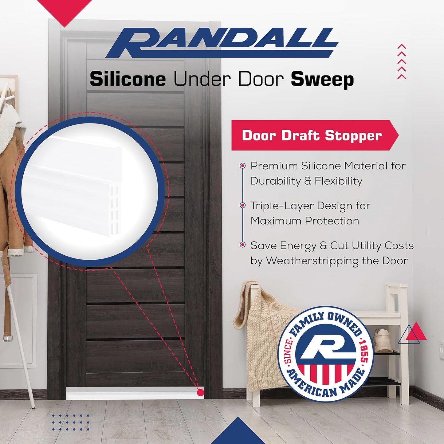 Adhesive Backed Door Draft Stopper – Silicone Under Door Sweep for Interior & Exterior Doors, Noise & Air Insulation, Self Stick Weather Stripping Door Seal, 2" W x 39" L (Clear) by Randall Mfg