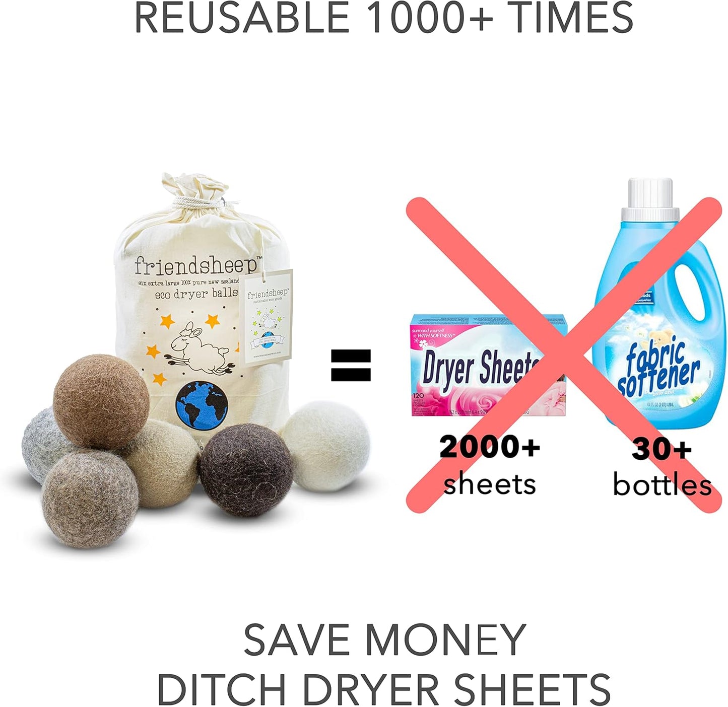 Friendsheep Wool Dryer Balls, Organic Reusable Fabric Softener Alternative for Laundry, Handmade, Fair Trade, Hypoallergenic, Eco-Friendly, Plastic-Free (6 Pack XL - Natural Mystic)