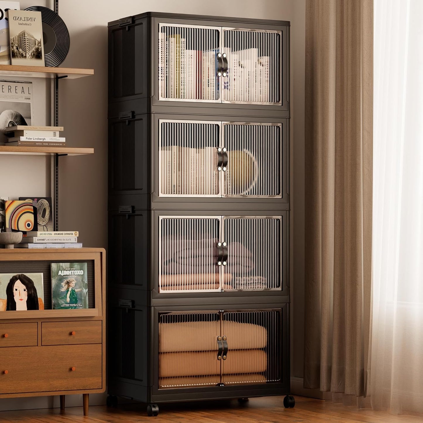 Jalove 50QT Plastic Storage Bins with lids, Stackable Collapsible Storage Containers with Wheels, Closet Organizer and Drawers, Clothes Storage Cabinet for Home Office Garage, 4 Pack Black