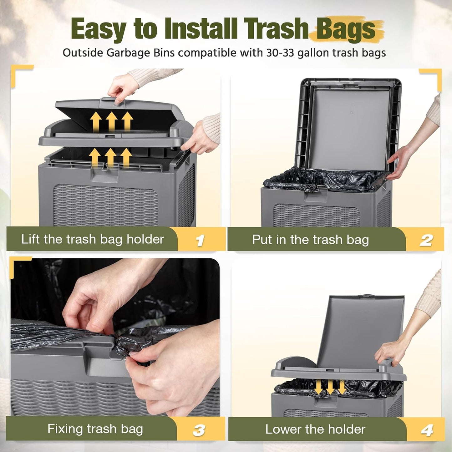 Devoko 33 Gallon Outdoor Trash Can with Dual Lid, Heavy Duty Waterproof Resin Garbage Bins Outside, Hideaway Waste Bins for Patio, Outside Pool, Backyard and Deck (2, Gray)