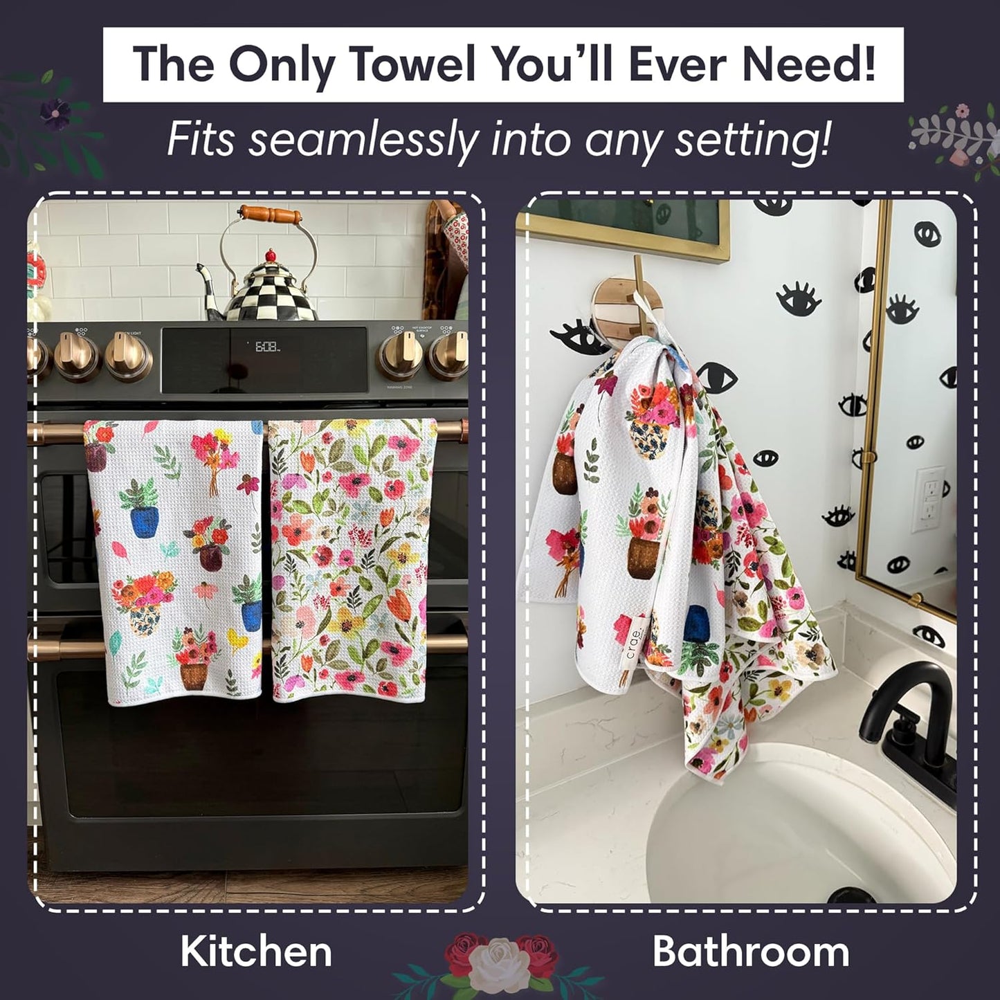 2 Double Sided Microfiber Hand Towels, 17x27 Inches Waffle Design Kitchen Towels Set, Durable & Soft Fast Drying Hand Wash Cloth, Everyday Use Dishcloth at Home (Petal Lane/Posey)