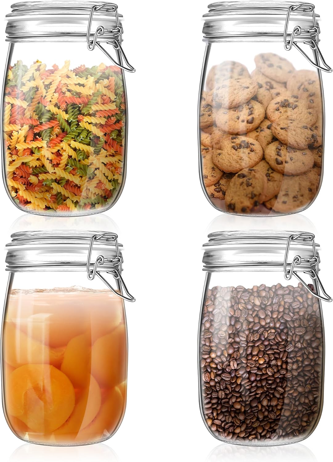 Glass Food Storage Jars with Airtight Lids 34 oz Round 4 Pack Kitchen Storage Containers Large Cabinet Canisters Sealed Pot Canning for Pasta, Cereal, Coffee, Beans, Spice