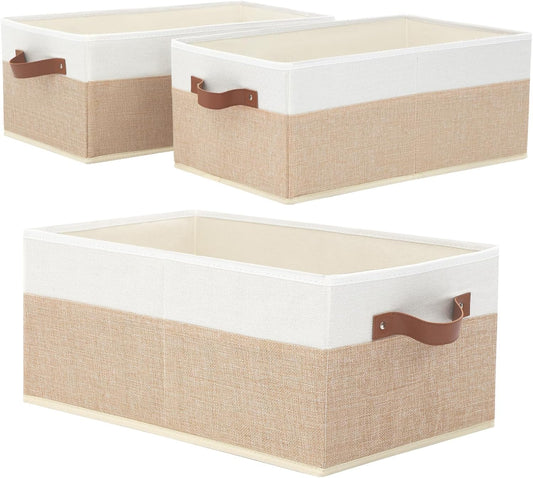Closet Organizer Bins 3 Pack, Large Storage Bins for Shelves, Foldable Closet Storage Boxes Baskets with Leather Handles for Organizing Clothes, Sheets, Jeans, Toys, Books（Begie）