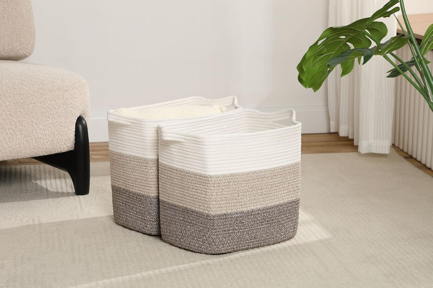 Medium and Large Woven Basket//With Handle, Used for Toys and Fabric Storage Basket used for Storing xl Storage Box, Decorative Storage Box Room 2pack (14L*12H Gradient Brown, 14L*10W*12H)