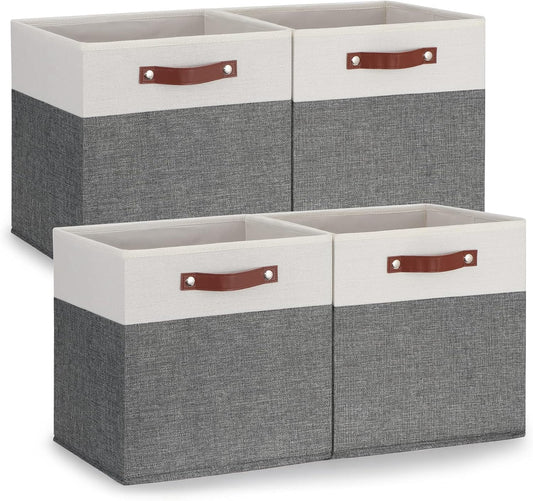 Temary 13x13 Storage Cubes 4 Pack Fabric Cube Storage Bins Large Storage Baskets with Leather Handles, Decorative Storage Boxes for Organizing Closet, Clothes, Foldable Cloth Baskets for Shelves