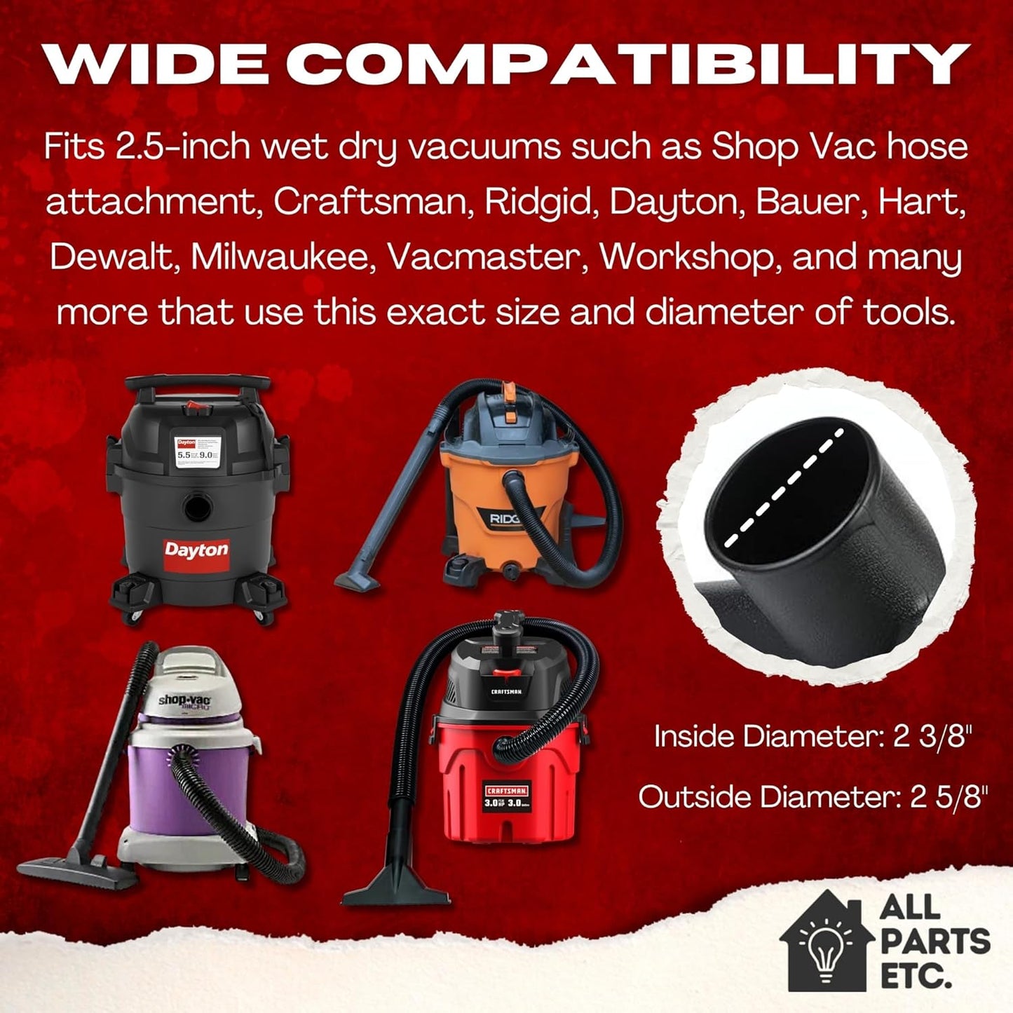 2 1/2" Accessories for Shop Vac Attachments 2.5 Wet Dry Vacuum Extension Wands, Floor Brush, Dust Brush, Crevice Tool, Utility Nozzle, and Hose Kit for Shop Vac (Floor Brush)