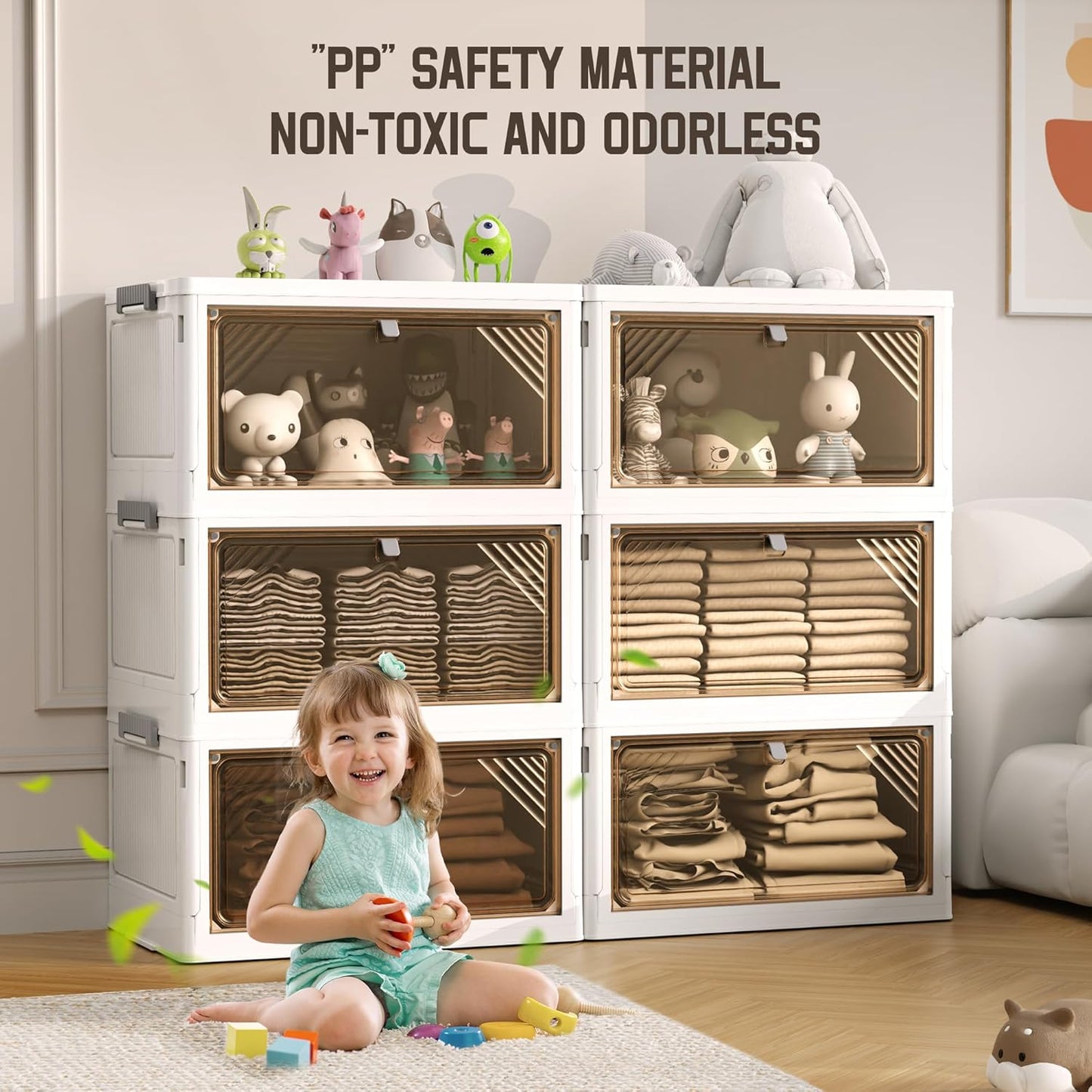 AHEONLAR 144 Quart 3 Tier Plastic Storage Bins with Lid - Foldable Stackable Storage Bins with Doors - Closet Organizers and Storage - Plastic Drawer Storage for Bedroom StudToy Room Office（48QT×3）