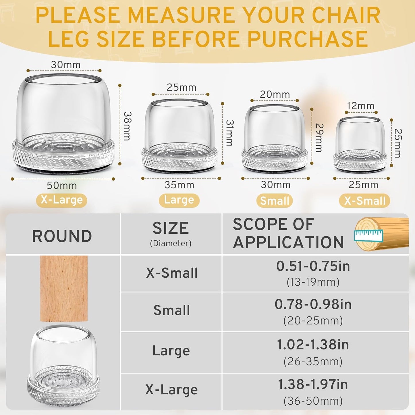 24PCS Extra Small Chair Leg Floor Protectors, Furniture Sliders, Chair Leg Protectors for Hardwood Floors, Non-Slip Felt Furniture Pads, Round Silicone Cap Covers to Protect Floors(Fit 0.5" - 0.75")