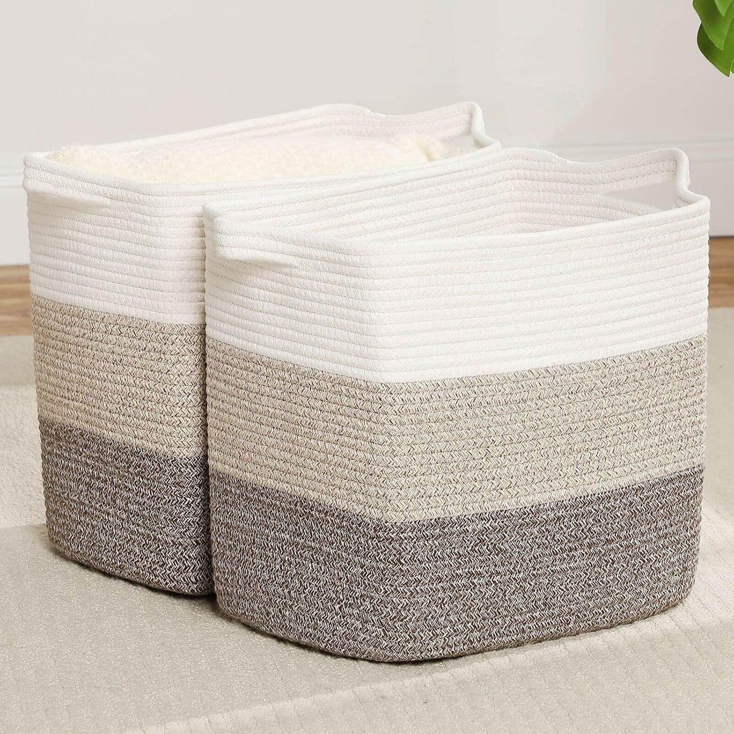 Medium and Large Woven Basket//With Handle, Used for Toys and Fabric Storage Basket used for Storing xl Storage Box, Decorative Storage Box Room 2pack (14L*12H Gradient Brown, 14L*10W*12H)