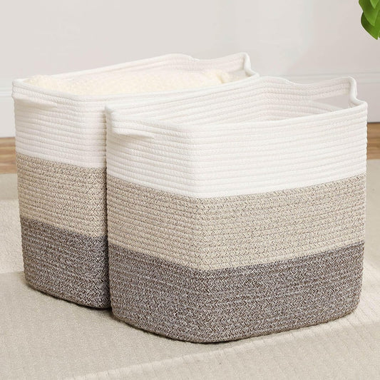 Medium and Large Woven Basket//With Handle, Used for Toys and Fabric Storage Basket used for Storing xl Storage Box, Decorative Storage Box Room 2pack (14L*12H Gradient Brown, 14L*10W*12H)