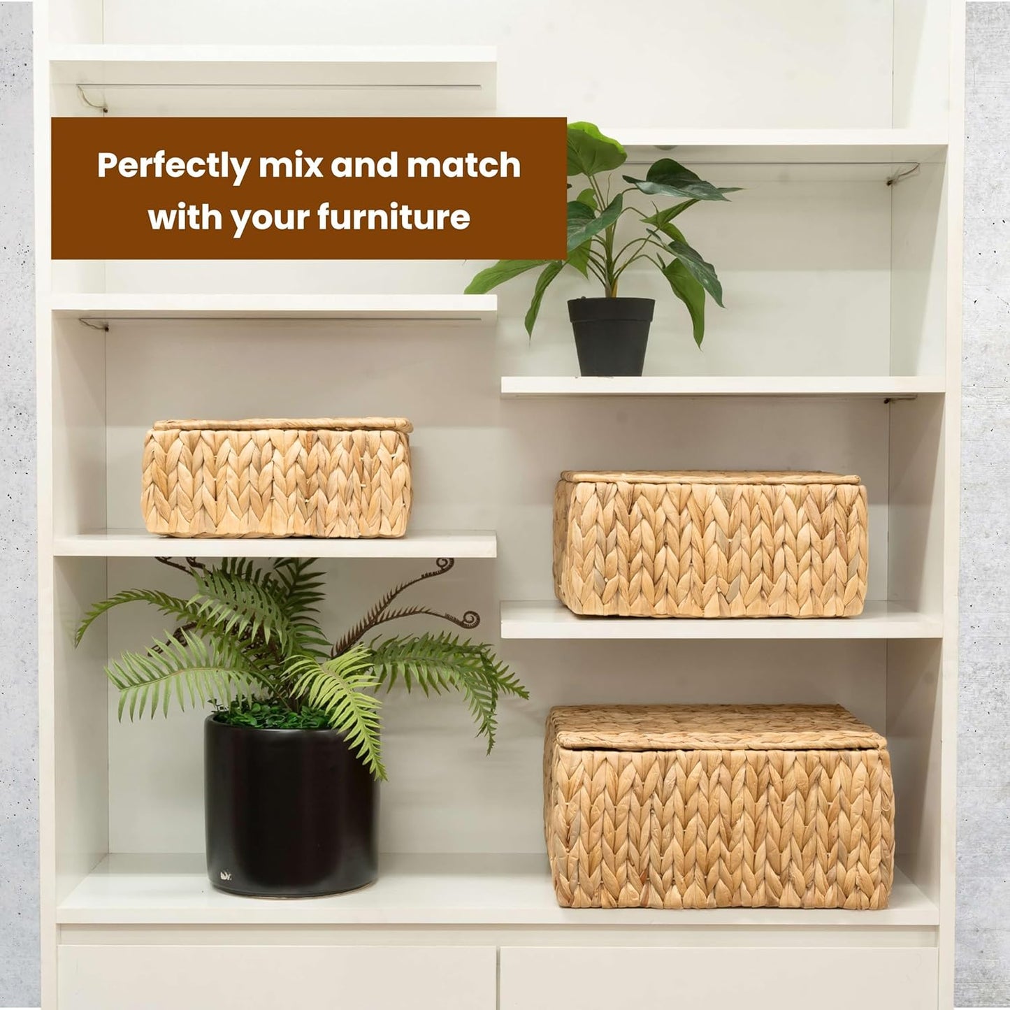 Wicker Storage Baskets with Lid, Set 3 Basket With Lid Decorative Storage Rectangle Wicker Storage Basket Large Rattan Storage Box Hyacinth Baskets