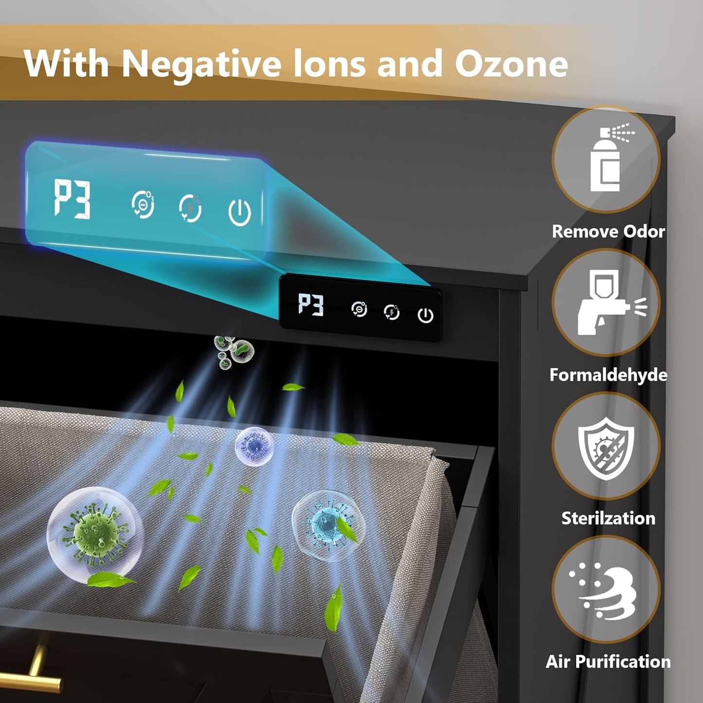 Tilt Out Trash Can Cabinet for 2 Bins, Hidden Recycle Garbage Bin Enclosure, Wooden Double Laundry Cabinet with Odor Control, Negative Ion & Ozone, for Kitchen, Bathroom, Laundry Room