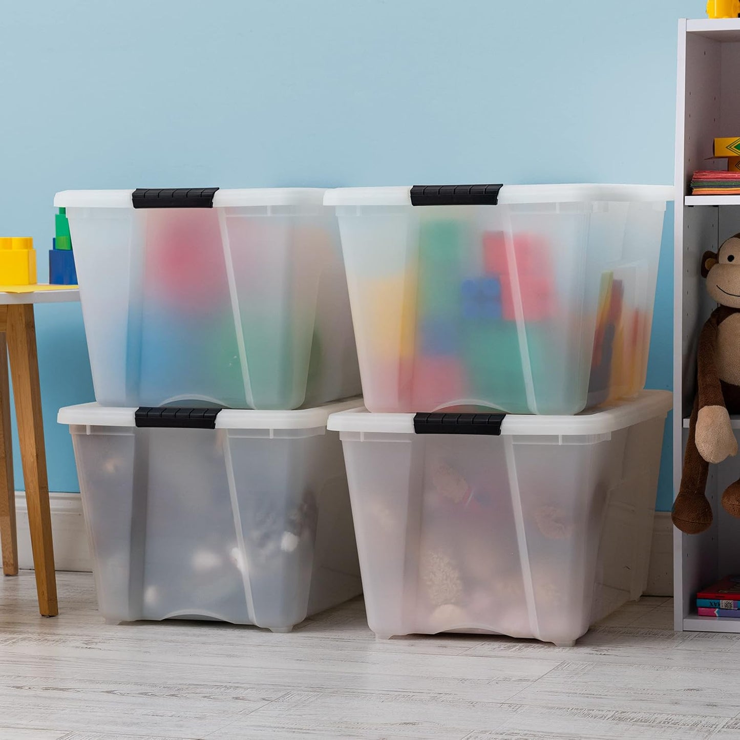 IRIS USA 54 Qt Stackable Plastic Storage Bins with Lids, 4 Pack - BPA-Free, Made in USA - Discreet Organizing Solution, Latches, Durable Nestable Containers, Secure Pull Handle - Pearl