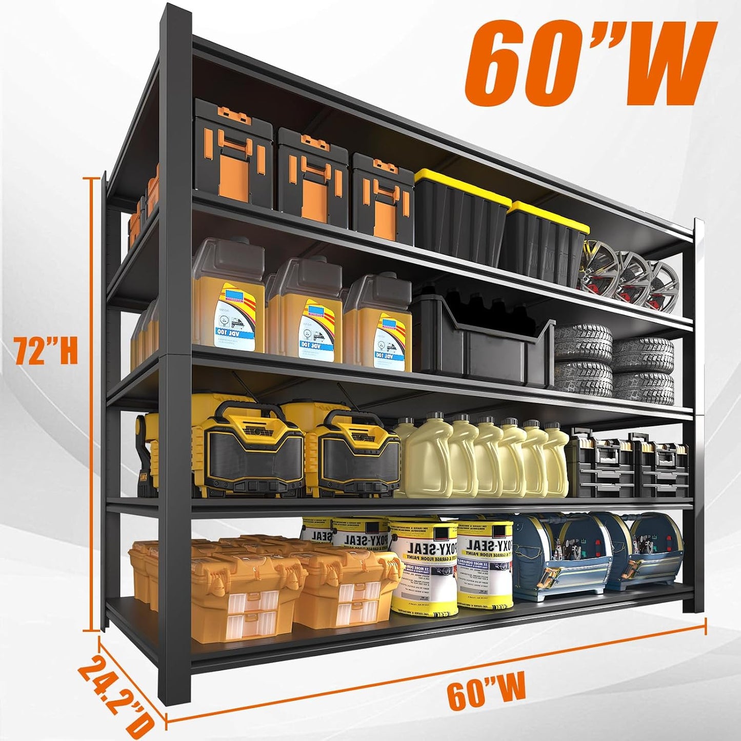 60" W Garage Shelving Heavy Duty Metal Shelving 3000LBS Storage Shelves Adjustable 5 Tier Metal Shelves for Storage Industrial Shelves for Garage, Warehouse, 24.2" D x 60'' W x 72'' H