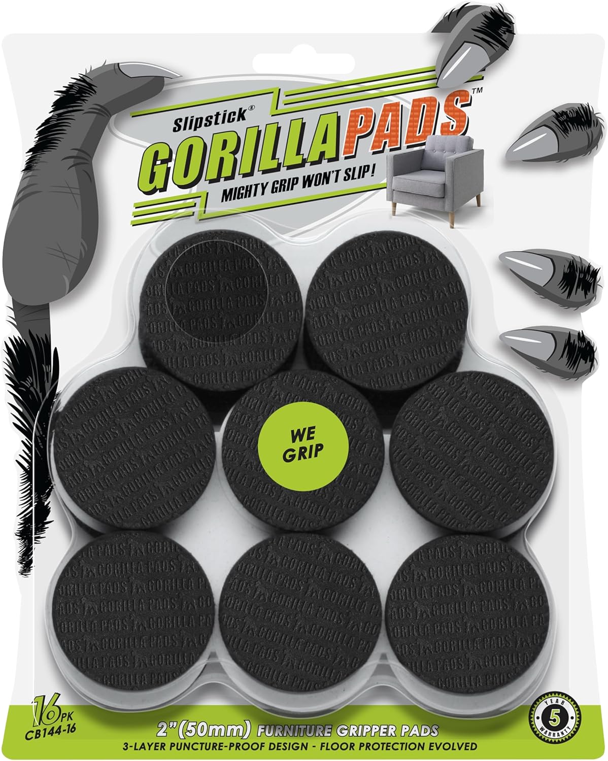 GorillaPads Non Slip Furniture Pads/Floor Grippers (Set of 16 Grips) 2 Inch Round Floor Protectors for Under Furniture, Black, CB144-16