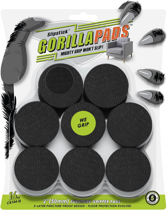 GorillaPads Non Slip Furniture Pads/Floor Grippers (Set of 16 Grips) 2 Inch Round Floor Protectors for Under Furniture, Black, CB144-16