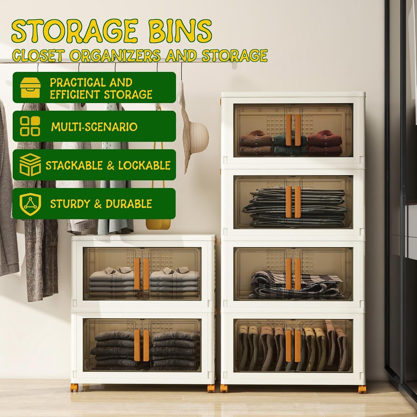 4 Tier Large Stackable Plastic Storage Bins with 1 Lid 95 QT/Tier, Collapsible Plastic Box Storage Bin with Wheels, Home Containers Boxes Closet Organizers for Living Room, Office, Dorm