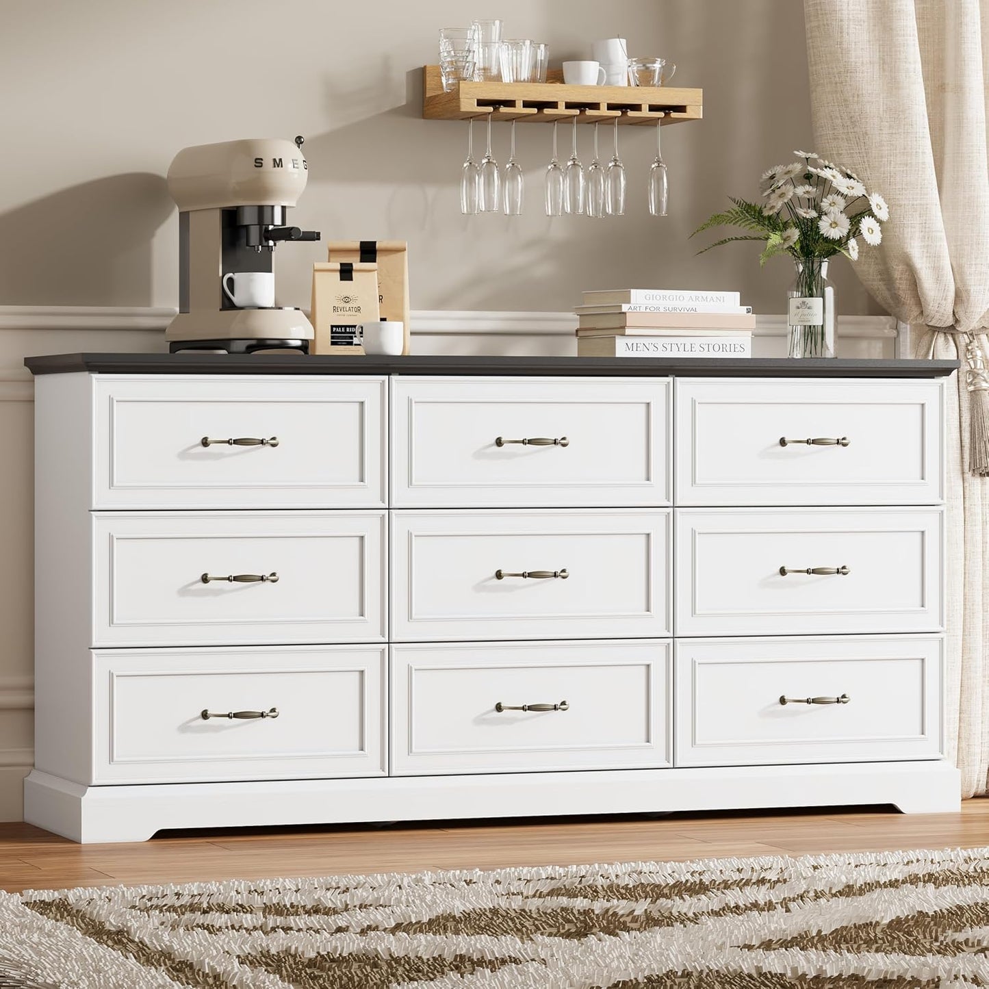 9 Drawer Dresser for Bedroom, 63" Wide Wooden Chest of Drawers, Rustic Farmhouse Dresser with Large Drawers & Metal Handles, Modern Storage Organizer for Closet, Living Room, Hallway, White