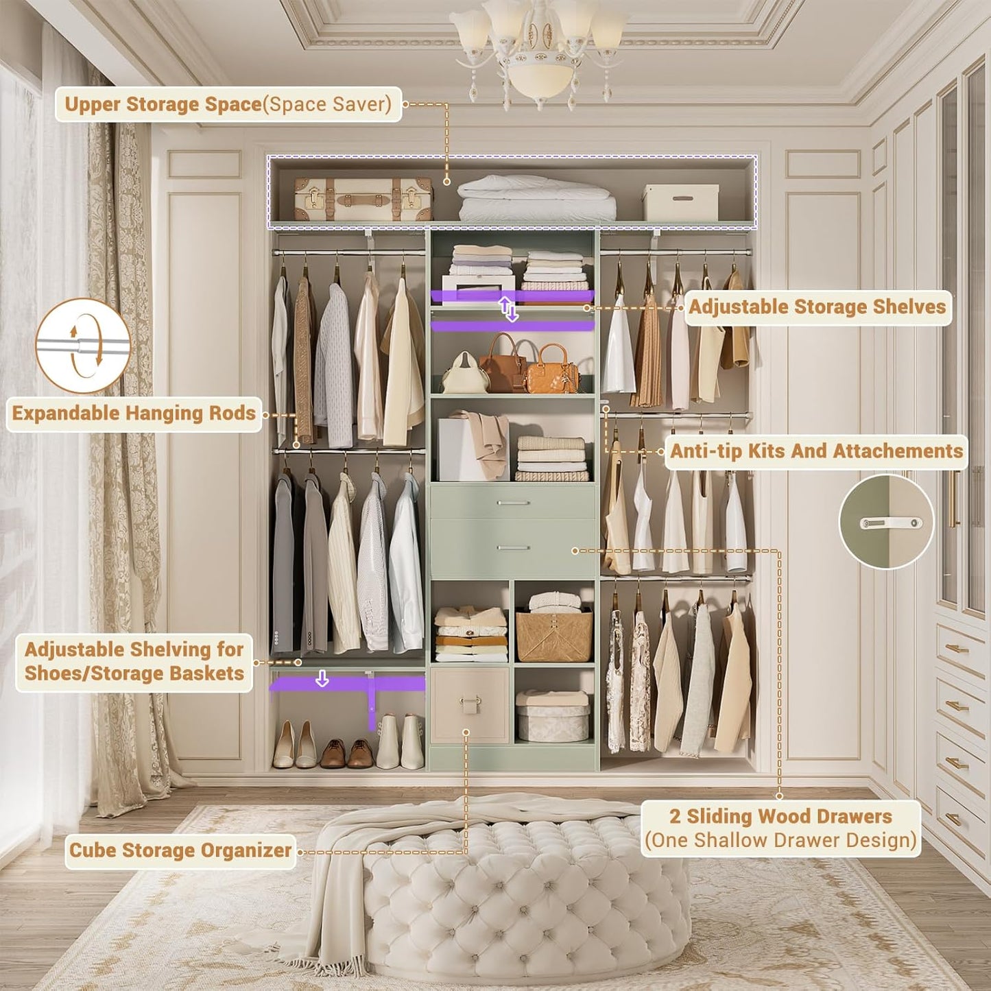 5FT Small Closet System, Baby Closet Organizer System with Wooden Drawers, 60 Inches Walk in Closet System with 5 Hanging Rods and 3 Reversible Hanging Shelving, Crab Green