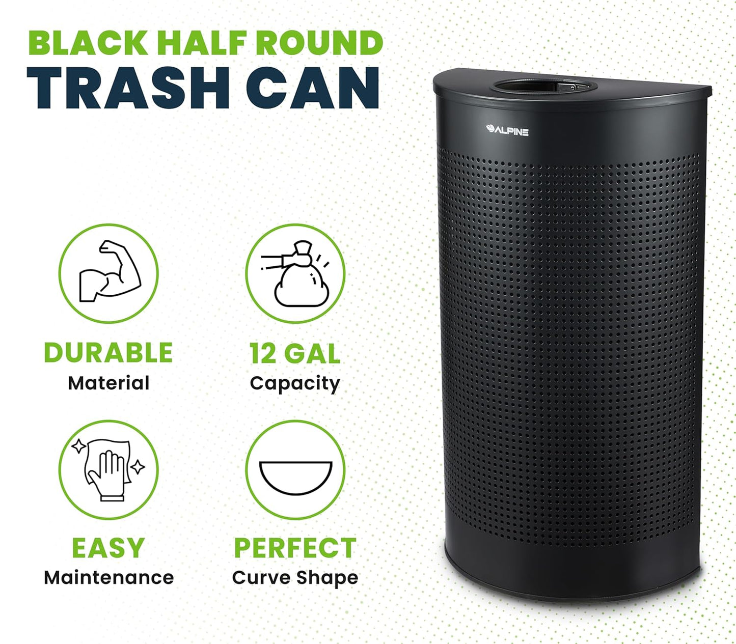 Alpine Half Round Trash Can Open Top - Modern Black Metal 12 Gallon, Space Saving Indoor Commercial Trash Can, Narrow Garbage Can for Bathroom, Office, Lobby and Business.