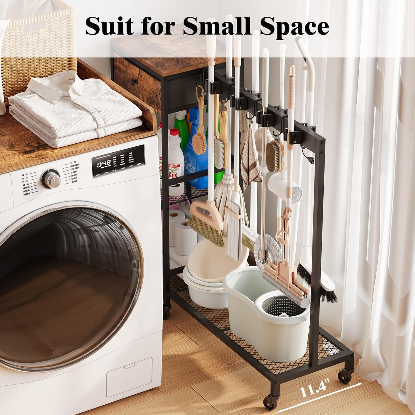 Heavy Duty Metal Cleaning Cart with Wheels,Broom Holder with Cleaning Supplies Organizer,Broom Storage Cart with Mop Hanger Gripper Rack Hooks for Home, Commercial (Rustic Brown, 37.6" L)