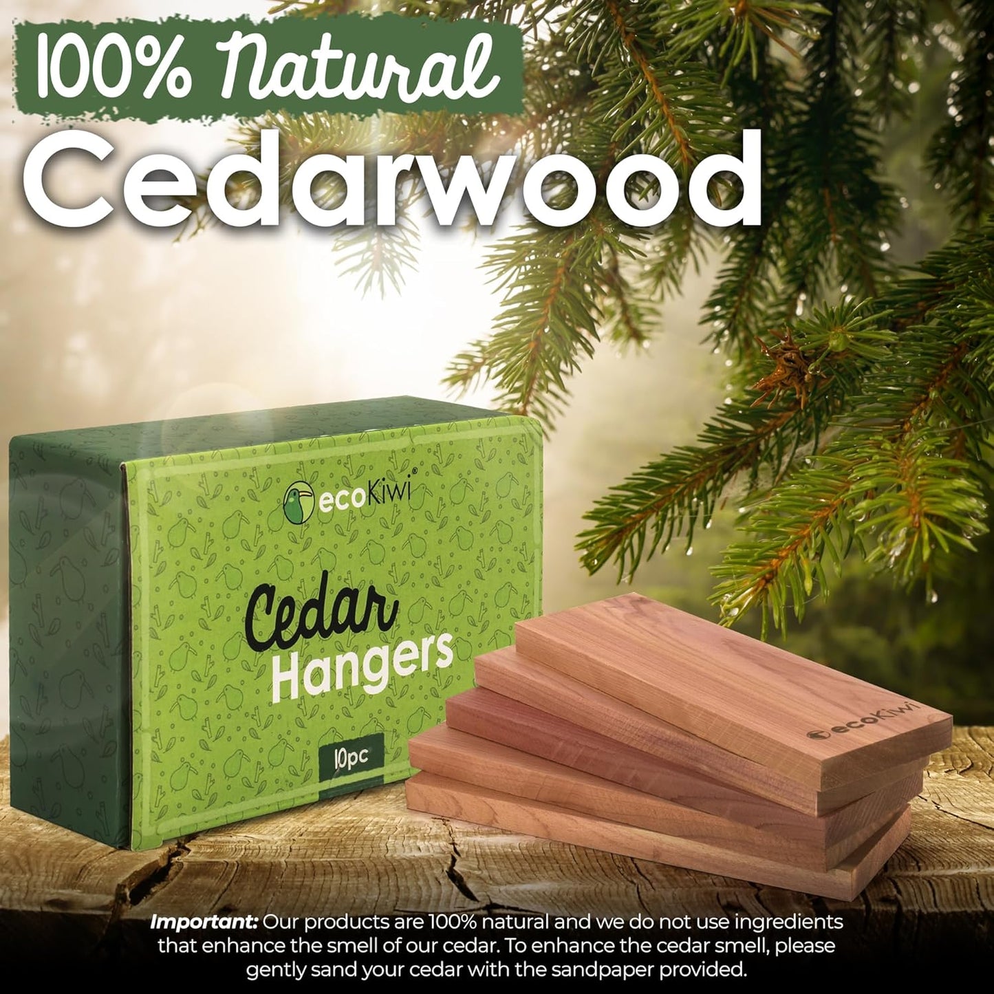 ecoKiwi Cedar Blocks for Clothes Storage - 10 Pack Hang Ups - 100% Natural Aromatic Cedar Planks for Closets and Drawers - Cedar Wood Hangers Balls Chips with Sandpaper - Cedarwood Scented Freshener