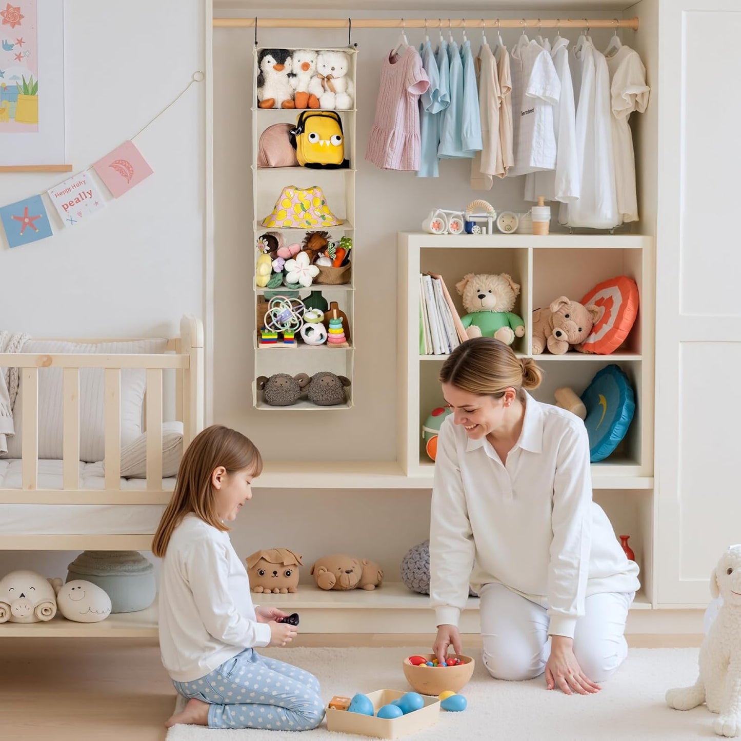 GRANNY SAYS 6 Shelf Hanging Closet Organizers and Storage, Collapsible Closet Hanging Organizer with 2 Sturdy Hooks, Large Hanging Shelves for Closet, College Dorm, Locker, Beige