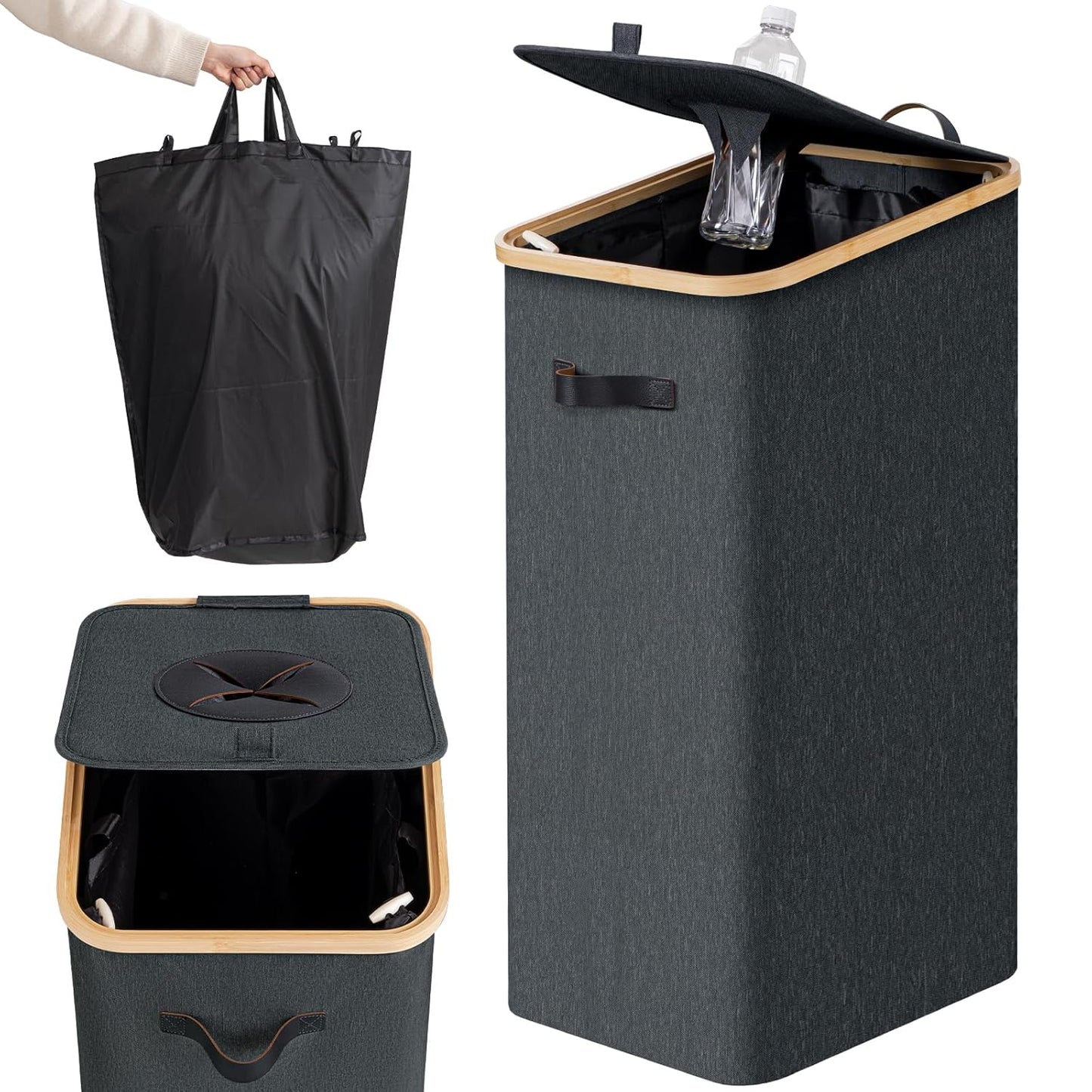 Recycling Bin for Kitchen Indoor Home 26 Gallon, 100L Recycle Bin with Removeable and Reusable Inner Bag, Recycling bin with lid for Bottles Cans Glass Plastice Cartons (Dark Gray)