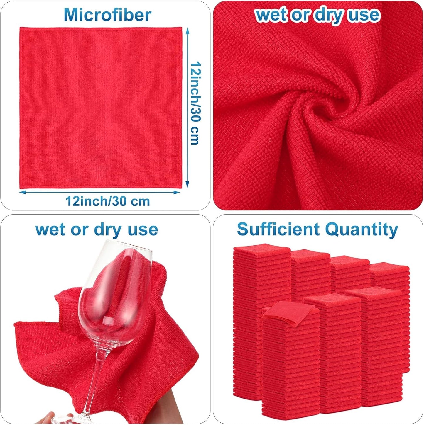 Tenare 100 Pack 12'' x 12'' Microfiber Cleaning Cloths Reusable Cleaning Rags Bulk Microfiber Towels Softer Highly Absorbent Washcloths for House Kitchen Car Window(Red)