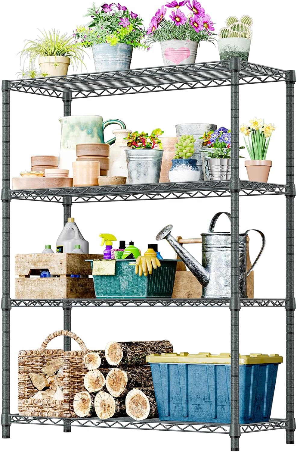IZEUK Storage Shelves Outdoor Wire Shelving Unit Metal Rack 4 Tier, 17.7" D x 47.24" W x 59" H, Grey