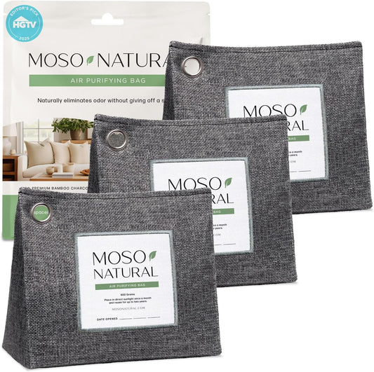 Moso Natural Air Purifying Bag 600g (3 Pack) Premium Bamboo Charcoal Odor Absorber | Pet Odor Eliminator for Home | Room Deodorizer for Large Spaces, Bedroom, Kitchen, Basement | Charcoal Bags