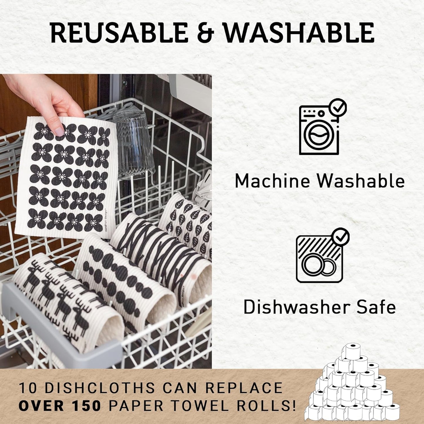 Nordhus Design Swedish Dishcloths, 10 Cloths, Made in Sweden - Reusable, Washable Cellulose Cotton Kitchen Cloths - Replace Paper Towels, Wipes, Sponges, Dish Rags