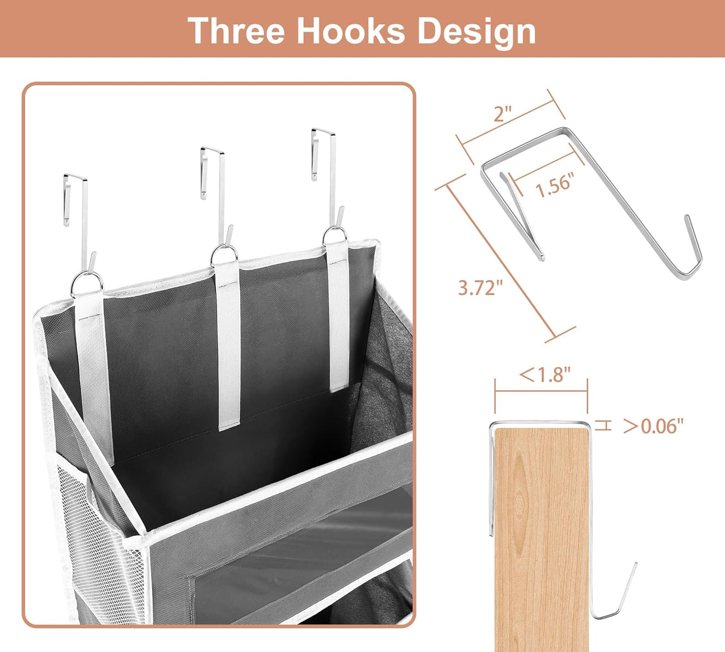 3 Packs 5-Tier Over the Door Storage Organizer with 10 Side Mesh Pockets, 48 lbs Load Capacity, 3 Hooks Design, Hanging Organizer with Clear Windows for Bathroom, Bedroom, Nursery, Kitchen-Grey