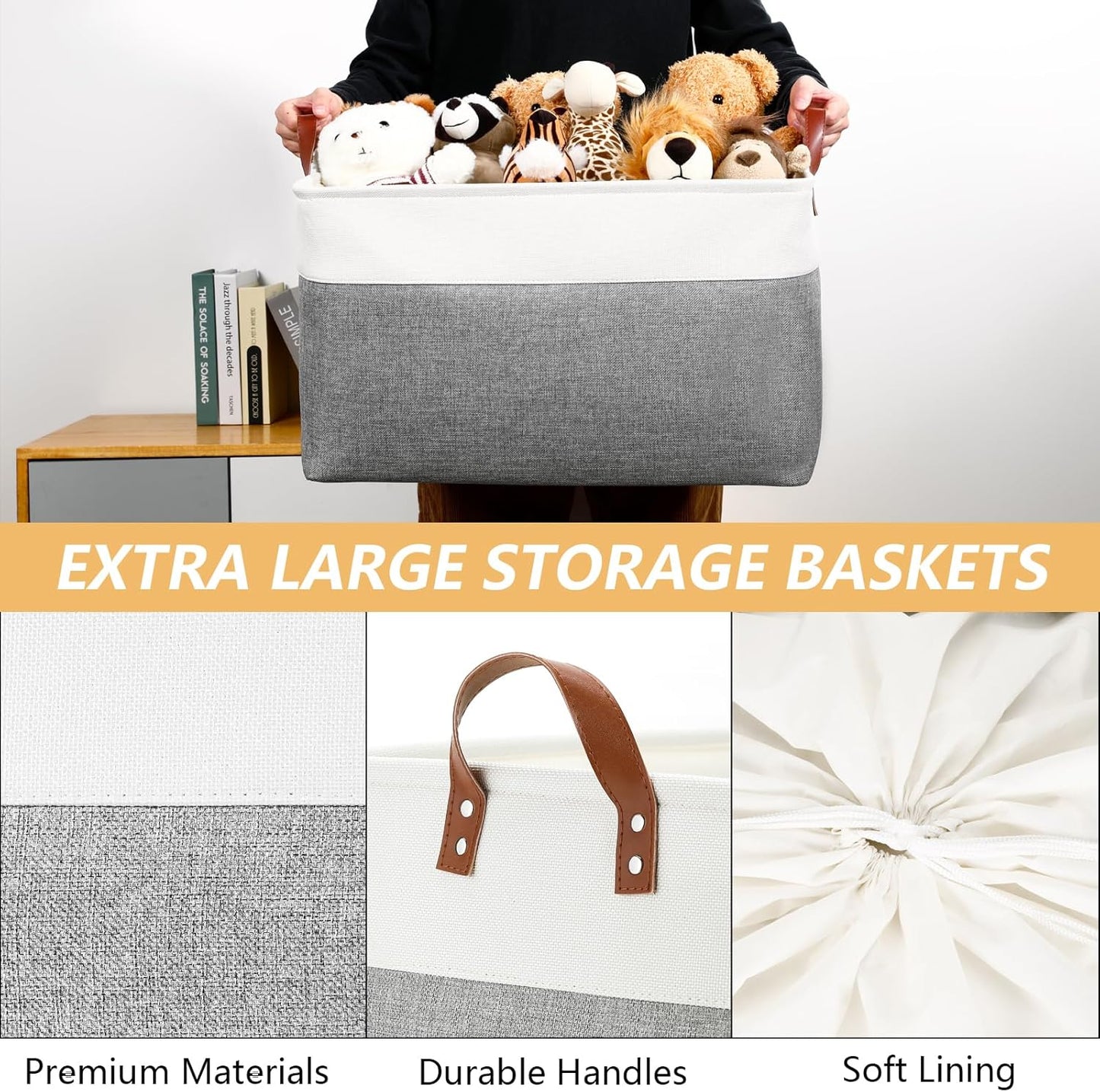DULLEMELO Extra Large Storage Basket for Organizing, 70L Oversized Storage Bin Foldable Canvas Fabric Blanket Basket, 22" x 15" x 13" Large Kids Toy Basket Organizer with Handles (White&Grey)