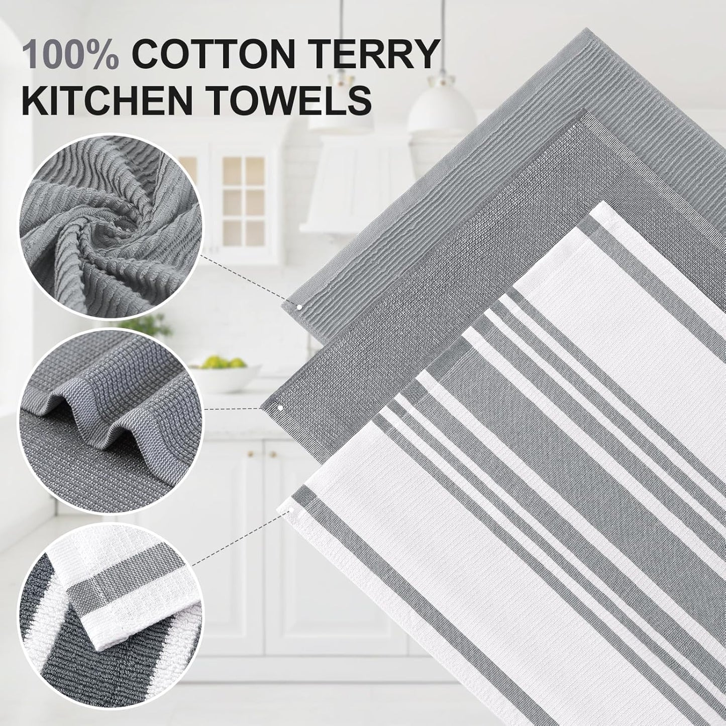 Homaxy Premium Kitchen Towels(18”x 28”, 3 Pack), Large Cotton 380 GSM Kitchen Hand Towels, Soft and Absorbent Terry Dish Towels, Multipurpose Tea Towel Set with Hanging Loop, Grey
