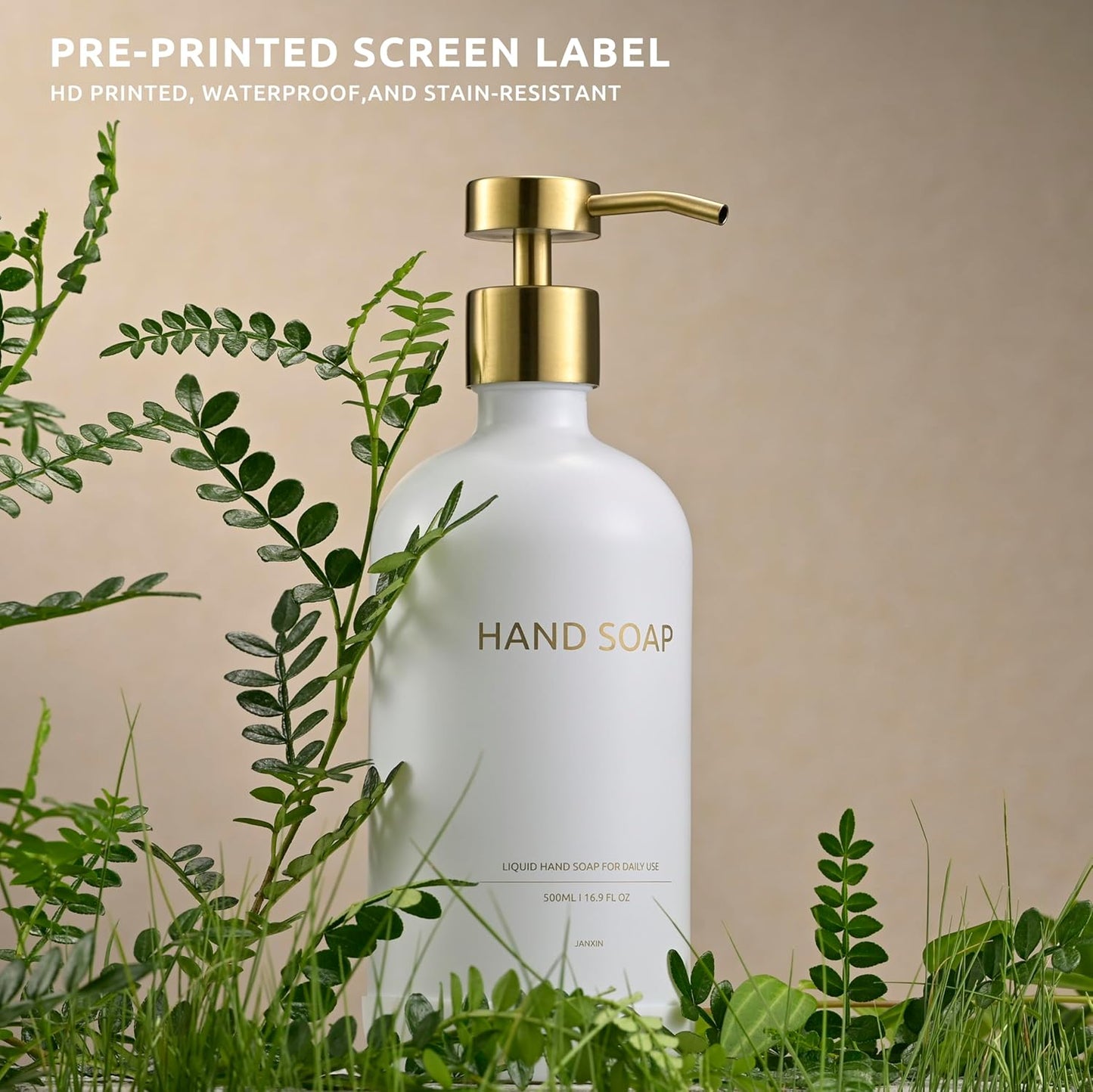 Glass Soap Dispenser Set by Janxin,Bathroom Soap Dispenser Set with Ceramic Tray,Luxury Bathroom Accessories,Modern Kitchen Decor (White+Gold(Hand Soap))