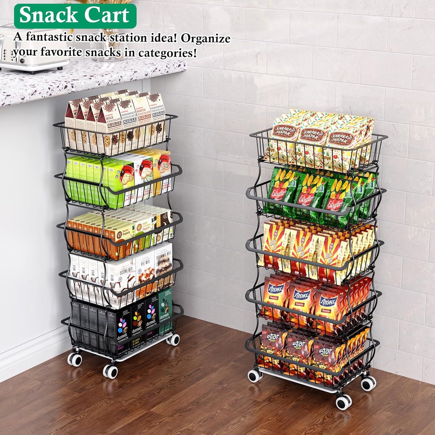 5 Tier Fruit Basket for Kitchen, Stackable Bins Wire Rack with Wheels, Fruit and Vegetable Storage Basket Pantry Food Snack Organizer Shelf, Kitchen Storage Cart for Onion and Potato, Produce